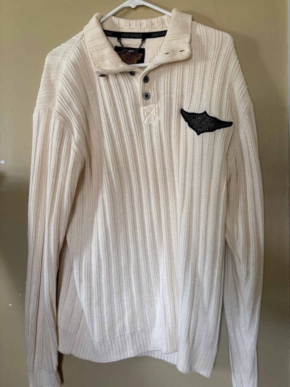 Harley-Davidson Cream Ribbed Henley Sweater Knit Lettering